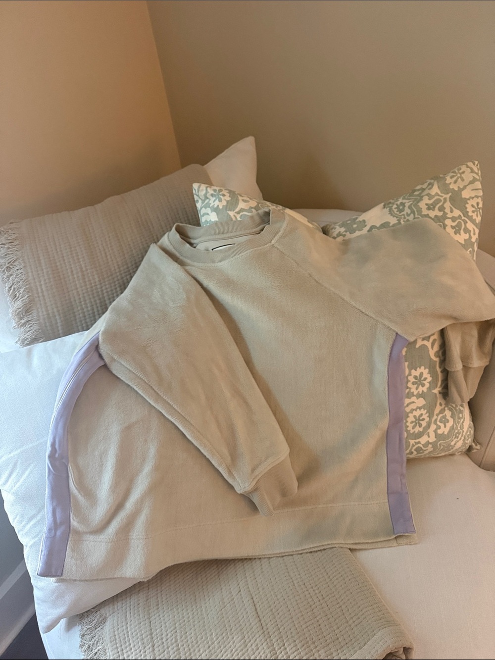 Tuckernuck velour cream  Crewneck Sweatshirt with lilac twill tape trim